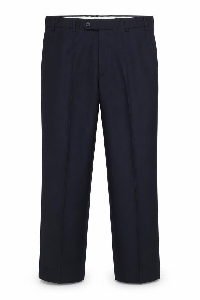 Front view of Preworn men’s blue trousers, size 34, 28-inch leg