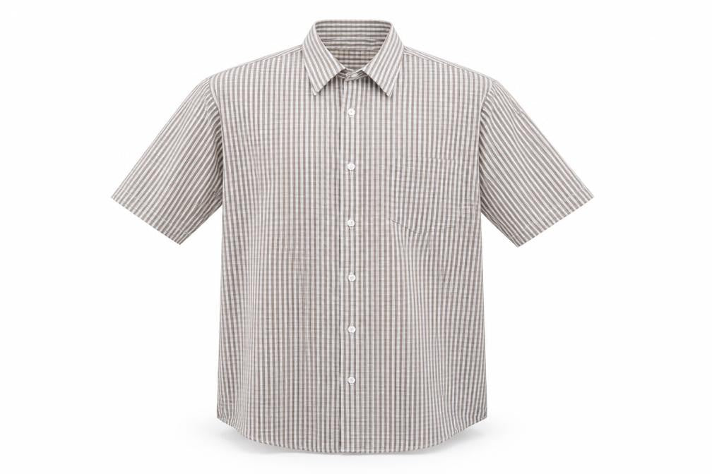 Front view of Cotton Traders men’s beige striped button-up, size L