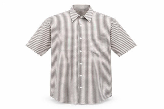 Front view of Cotton Traders men’s beige striped button-up, size L