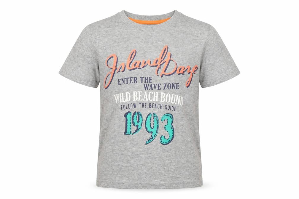 Front view of young style boys’ grey basic t-shirt, size 7-8, years