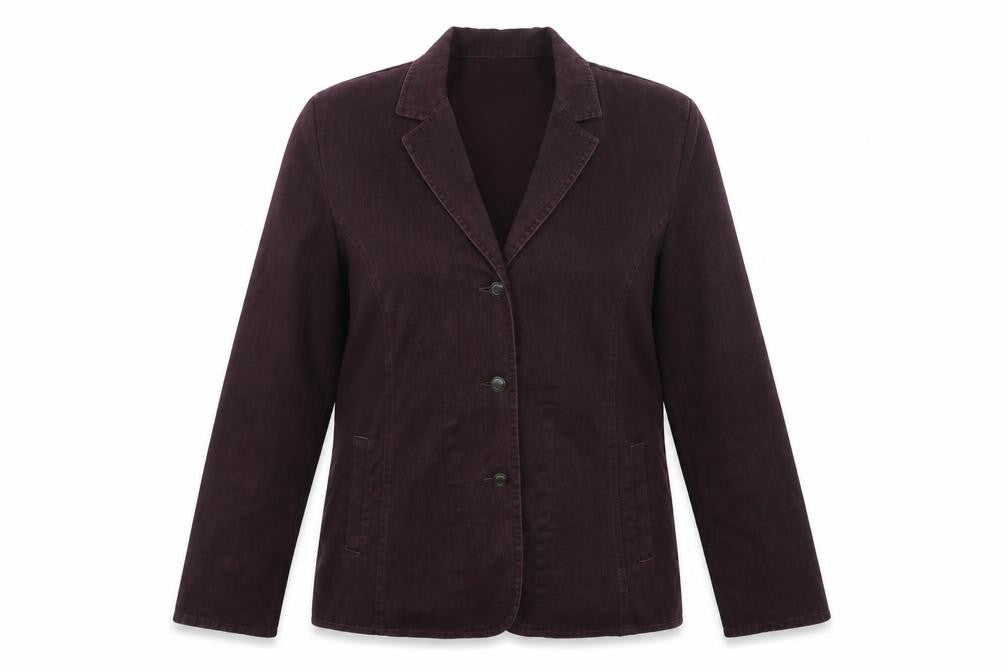 Front view of POLA OY women’s purple jacket, size UK 16
