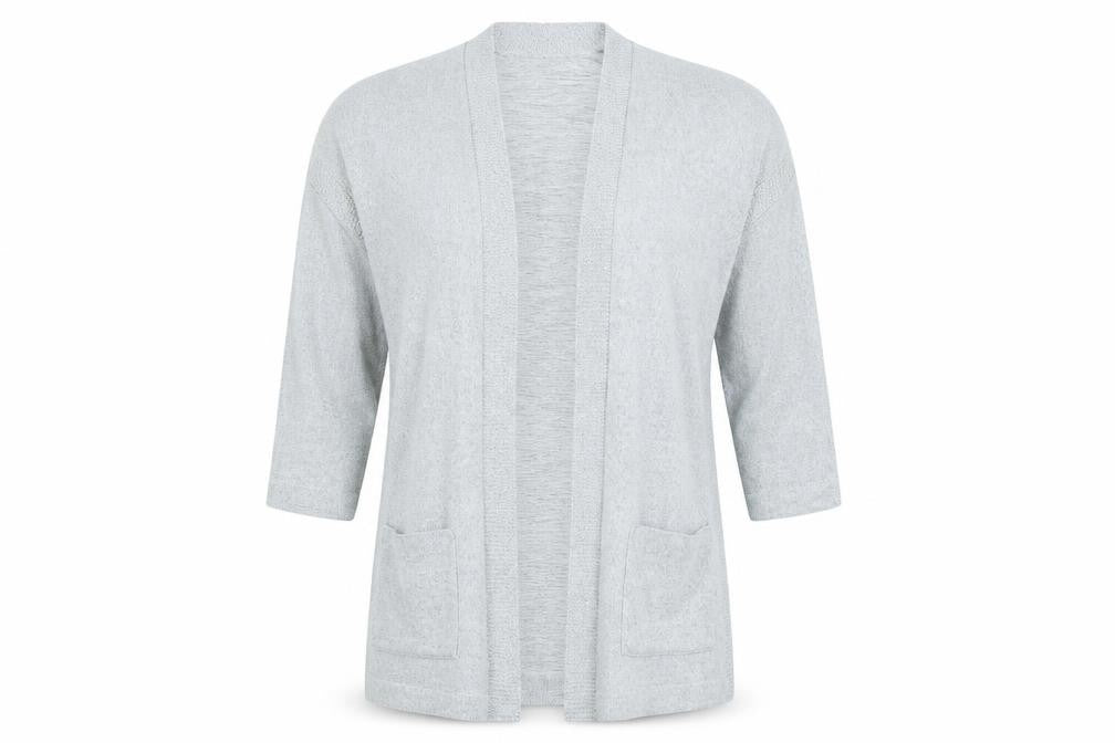 Front view of Marks & Spencer women’s grey cardigan jumper, size UK 10