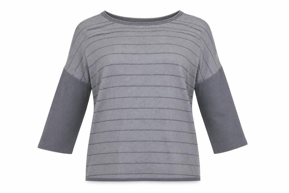 Front view of One More Story women’s grey striped jumper, size UK 6