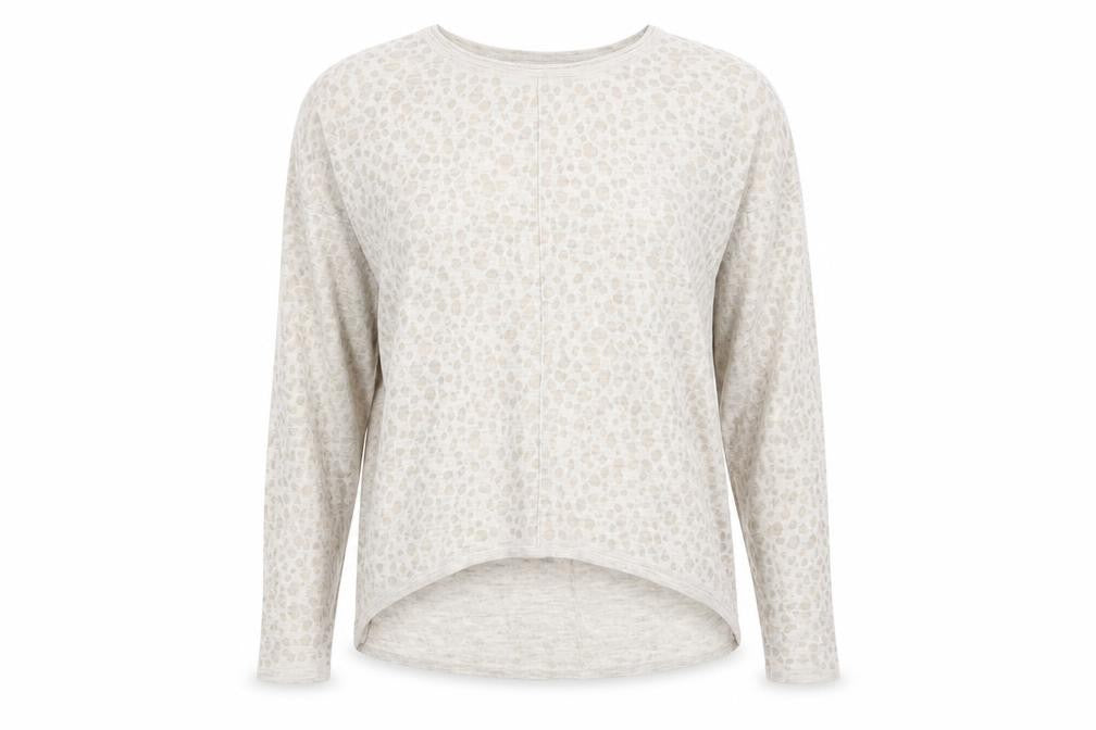 Front view of H&M women’s beige animal print jumper, size UK 6