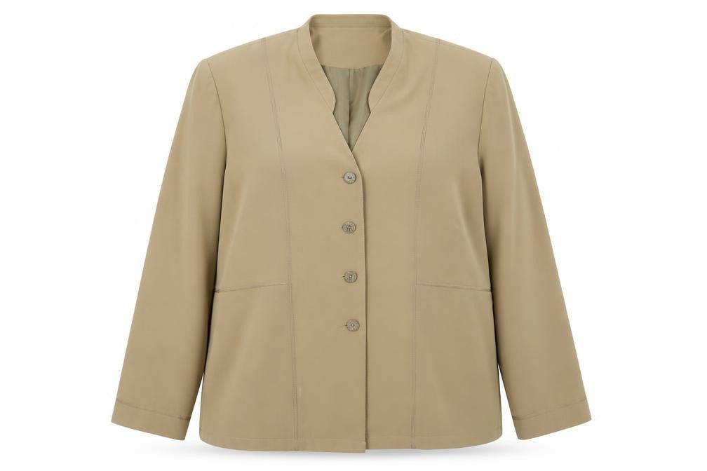 Front view of ELVI women’s beige jacket sport coat, size UK 18