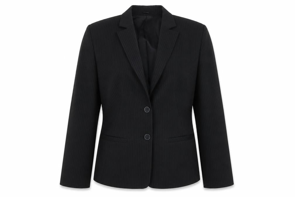 Front view of Preworn women’s black pinstripe jacket sport coat, size UK 6