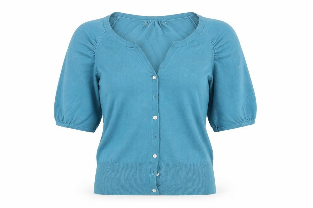 Front view of Preworn women’s blue cardigan jumper, size UK 10