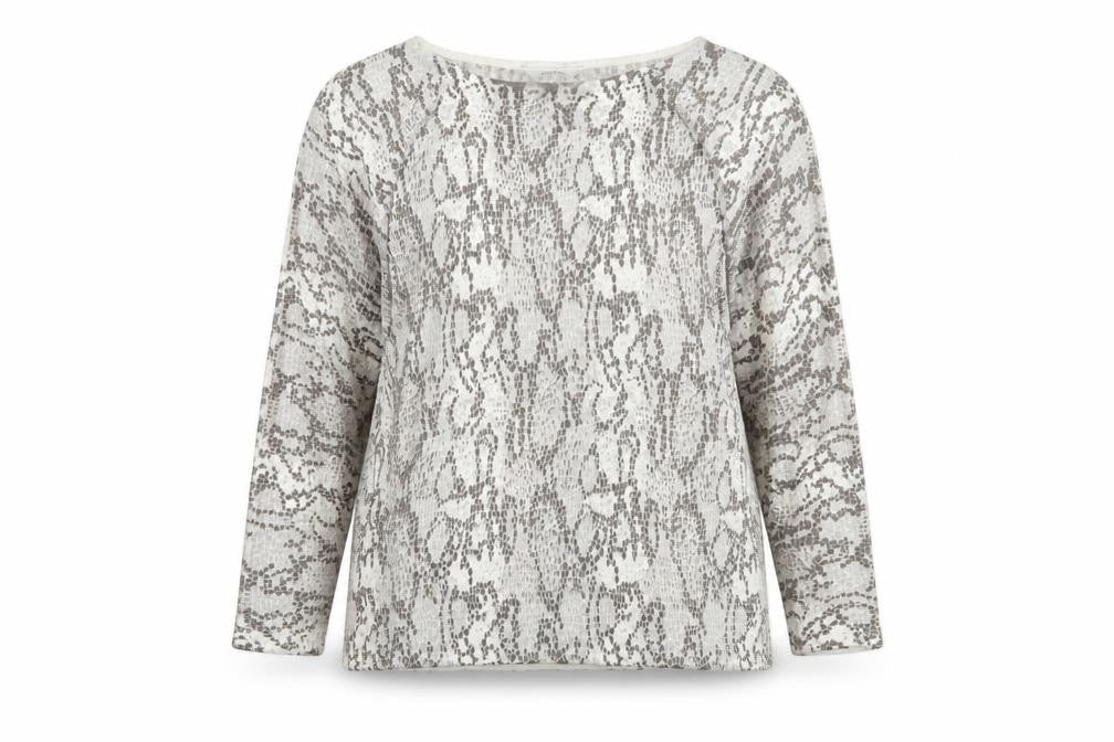 Front view of Preworn women’s grey animal print knit basic t-shirt, size M, - snake print