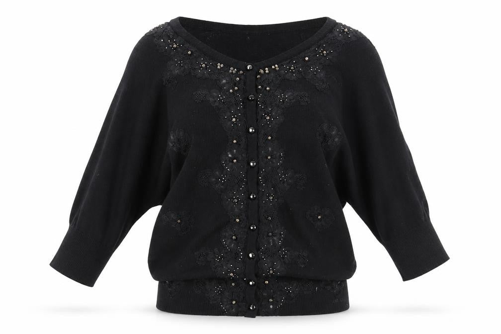 Front view of Be Beau women’s black knit cape jumper, size UK 10