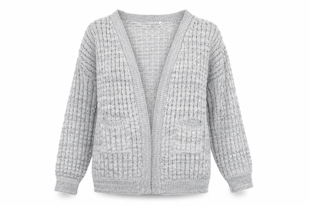 Front view of Glimpse women’s grey knit cardigan jumper, size L
