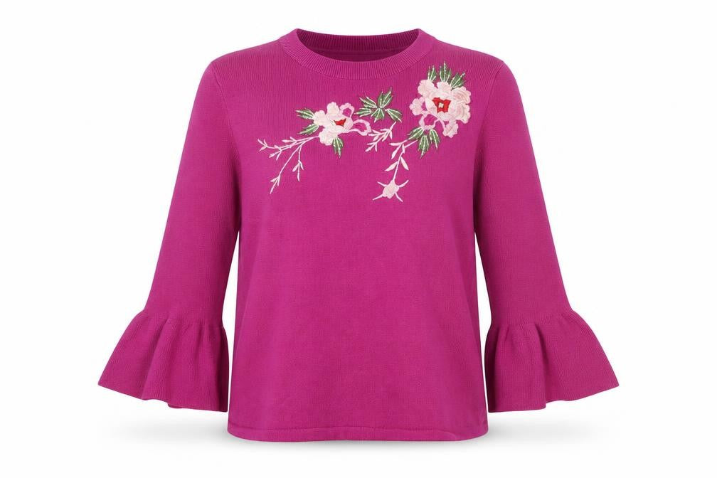 Front view of Marks & Spencer women’s pink knit jumper, size UK 14, - floral embroidery