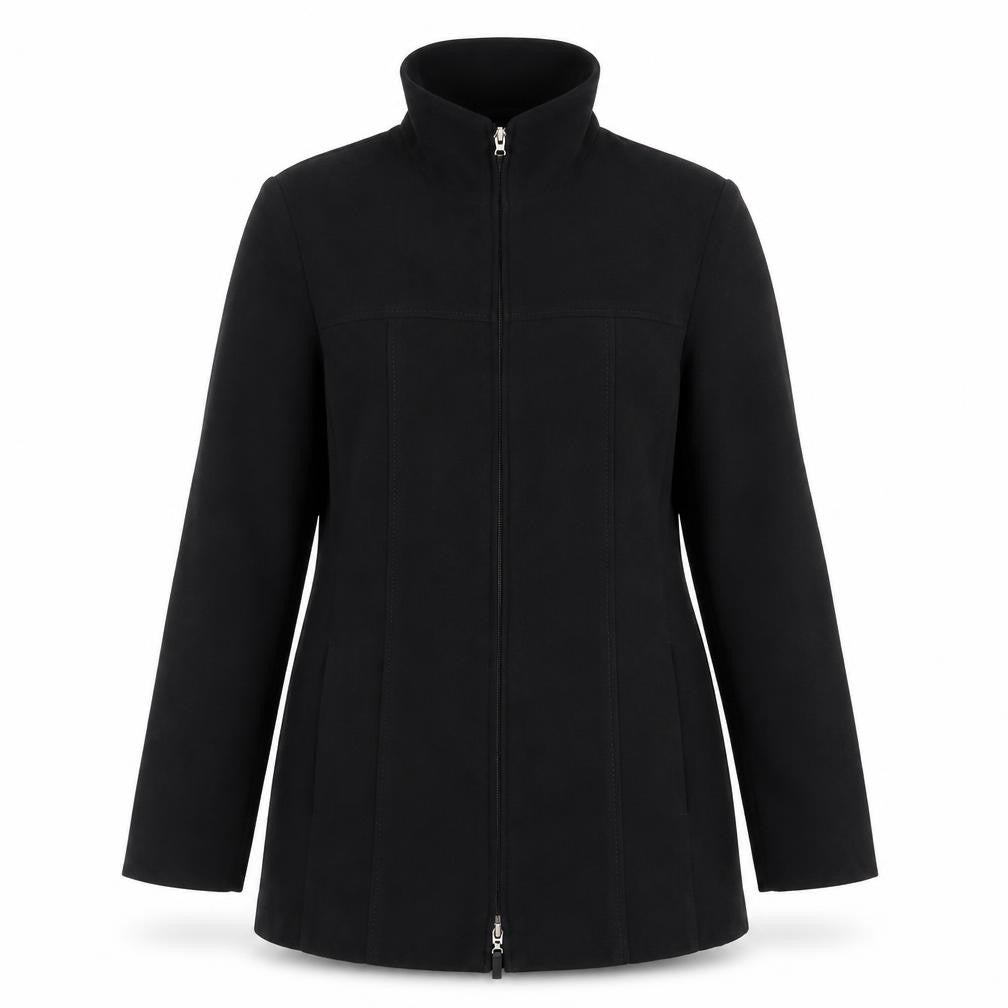 Front view of Joella Di Marco women’s black overcoat jacket, size S