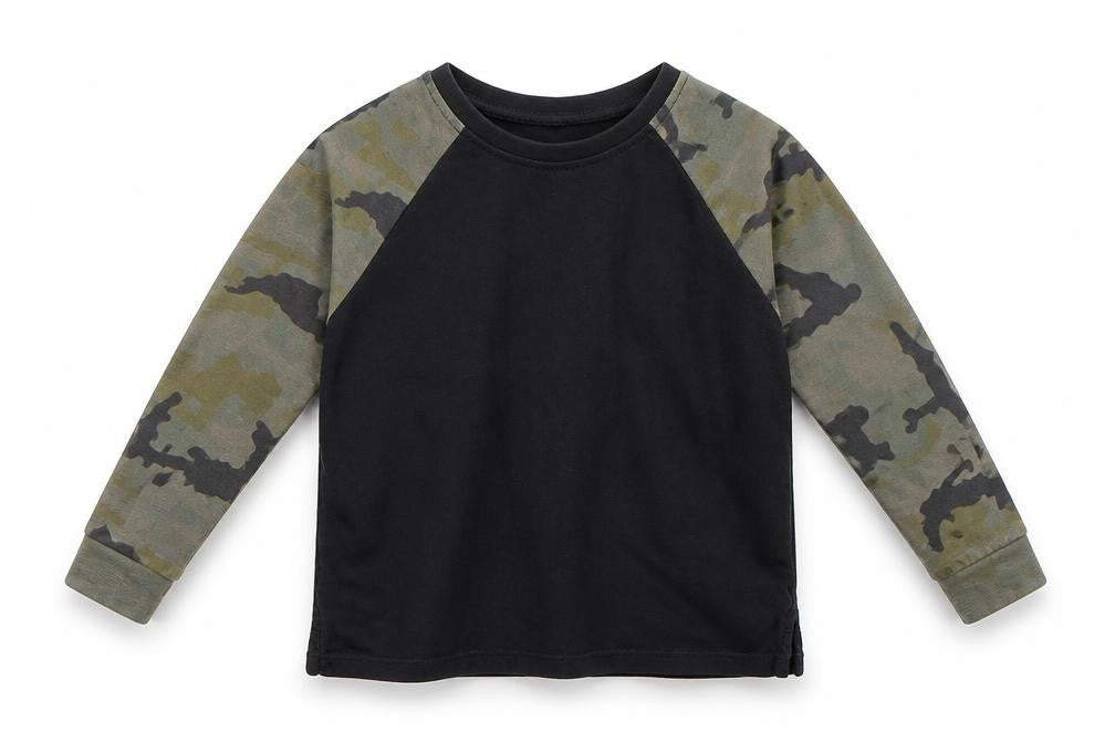 Front view of Next girls’ black camouflage pullover t-shirt, size 6, years