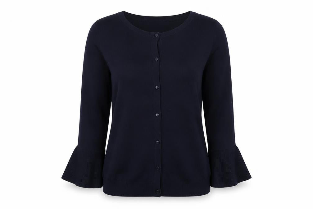 Front view of Next women’s blue knit cardigan jumper, size UK 8