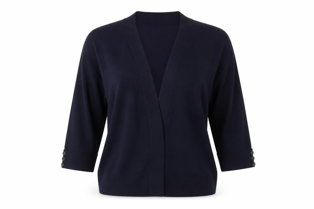 Front view of Dixie women’s blue knit cardigan jumper, size M