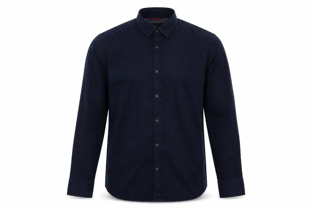 Front view of Garment Makers men’s blue button-up, size M