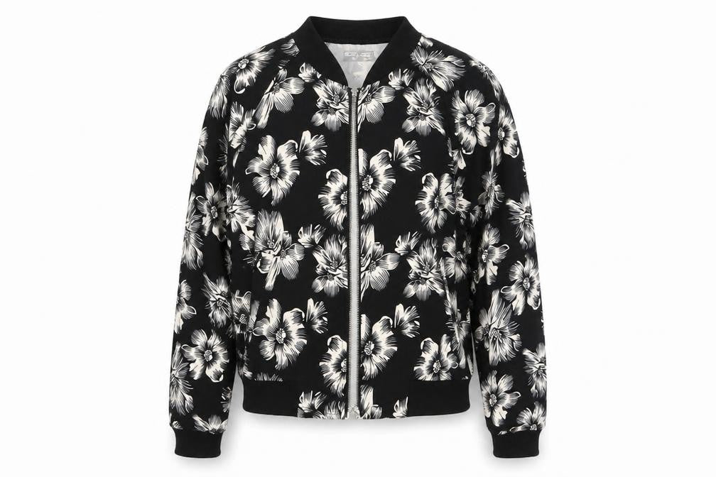 Front view of Select women’s black floral jacket coat, size UK 6