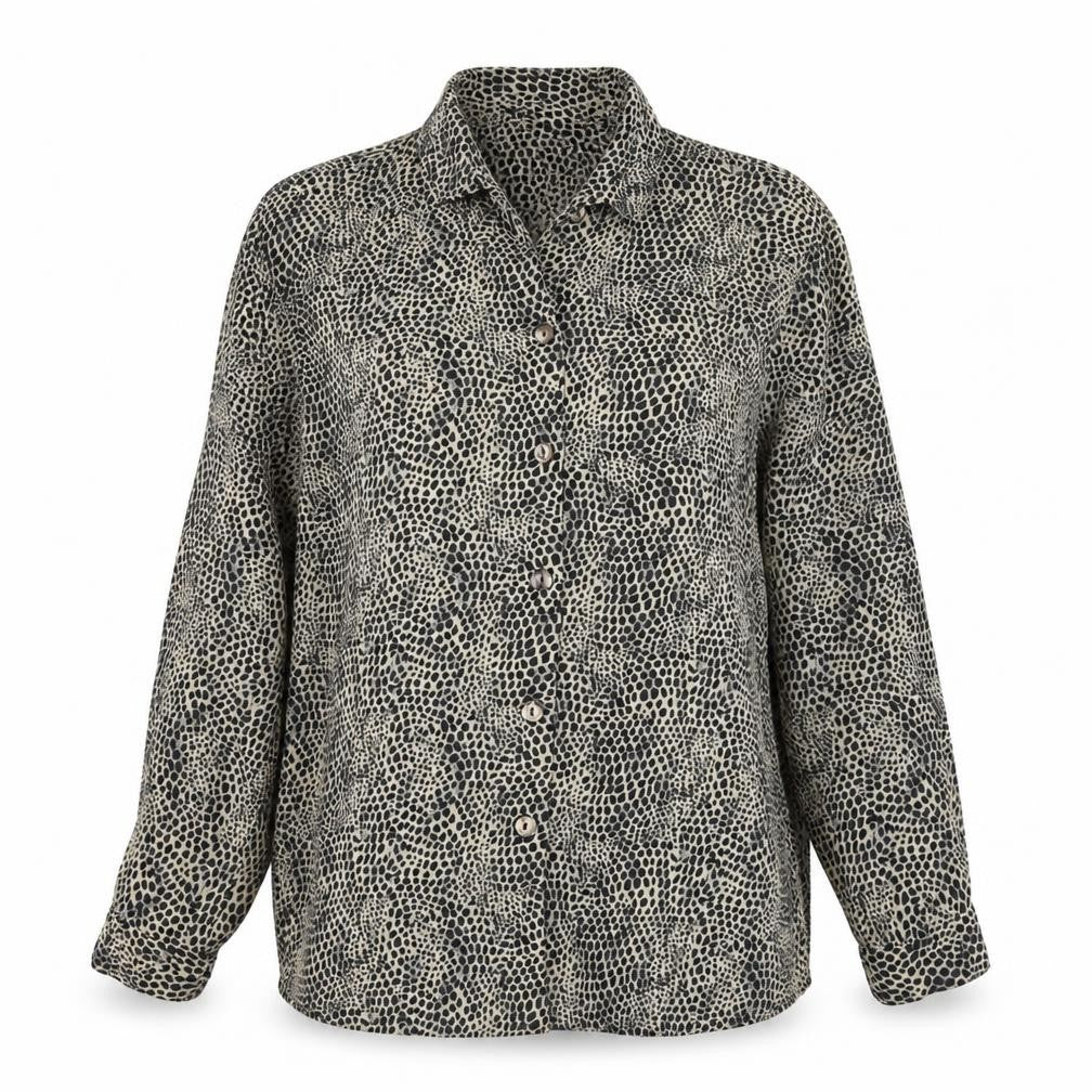 Front view of Bonmarché women’s black animal print basic blouse, size UK 12