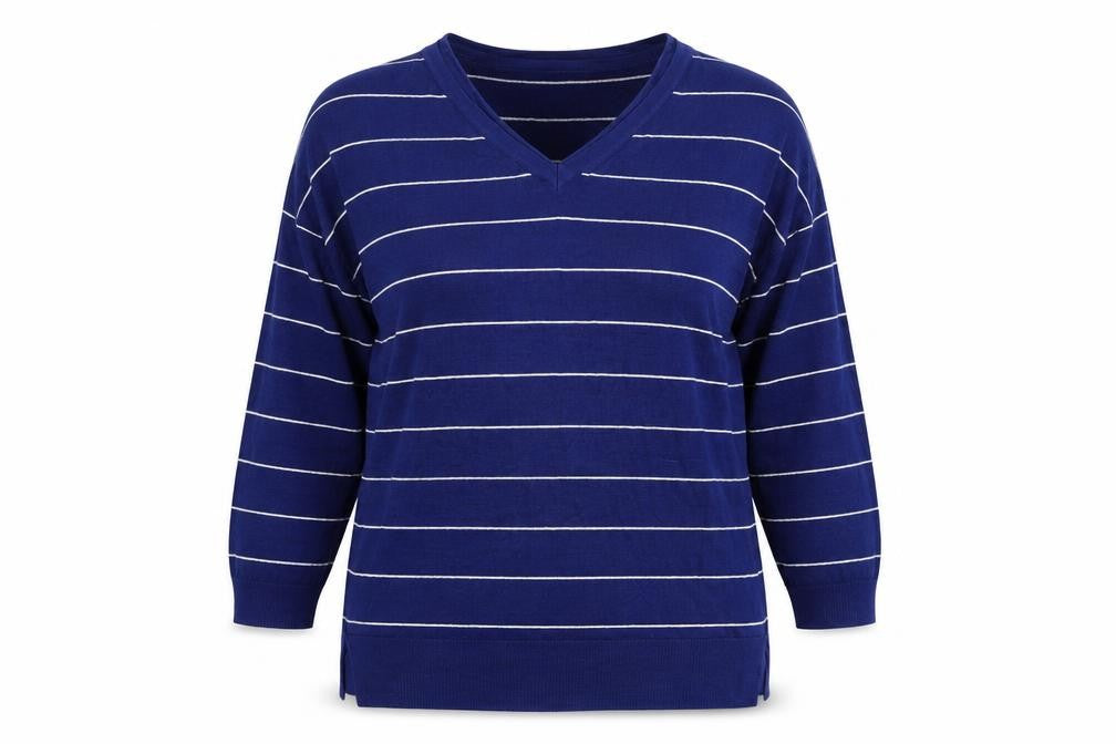 Front view of George women’s blue striped knit jumper, size UK 16