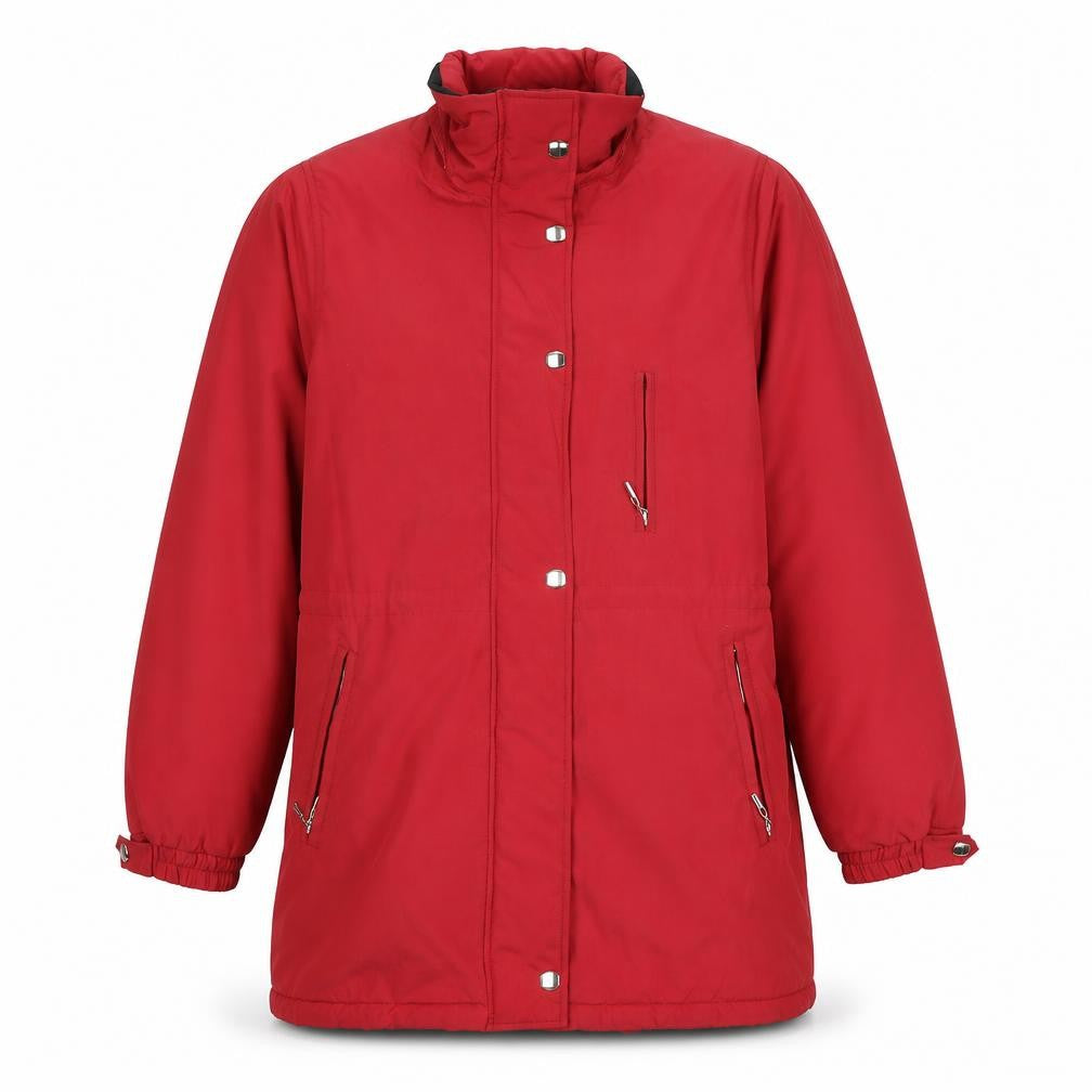 Front view of Eliza Grey women’s red parka coat, size UK 12