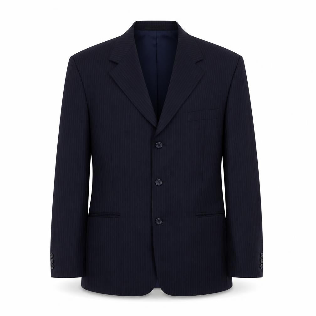 Front view of Burton men’s blue striped jacket suit jacket, size L