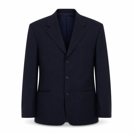 Front view of Burton men’s blue striped jacket suit jacket, size L