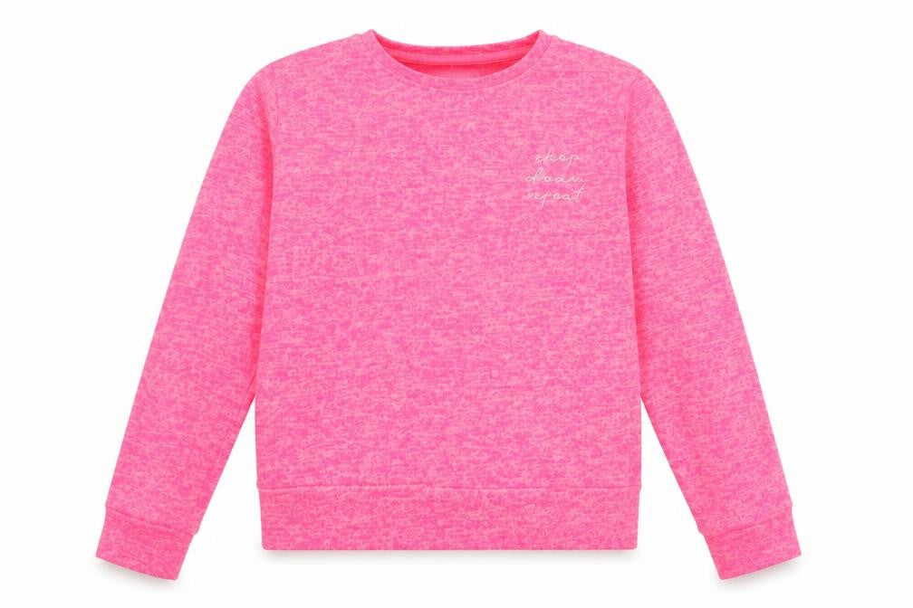 Front view of Primark girls’ pink jersey pullover sweatshirt, size 10-11, years - sleep dream repeat