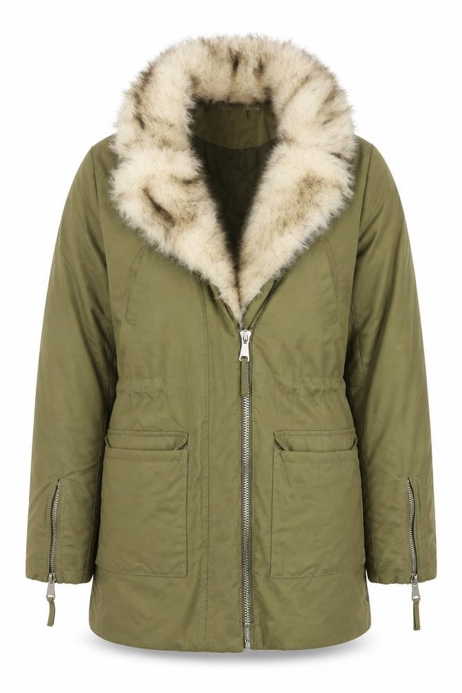 Front view of H&M women’s green parka coat, size UK 4