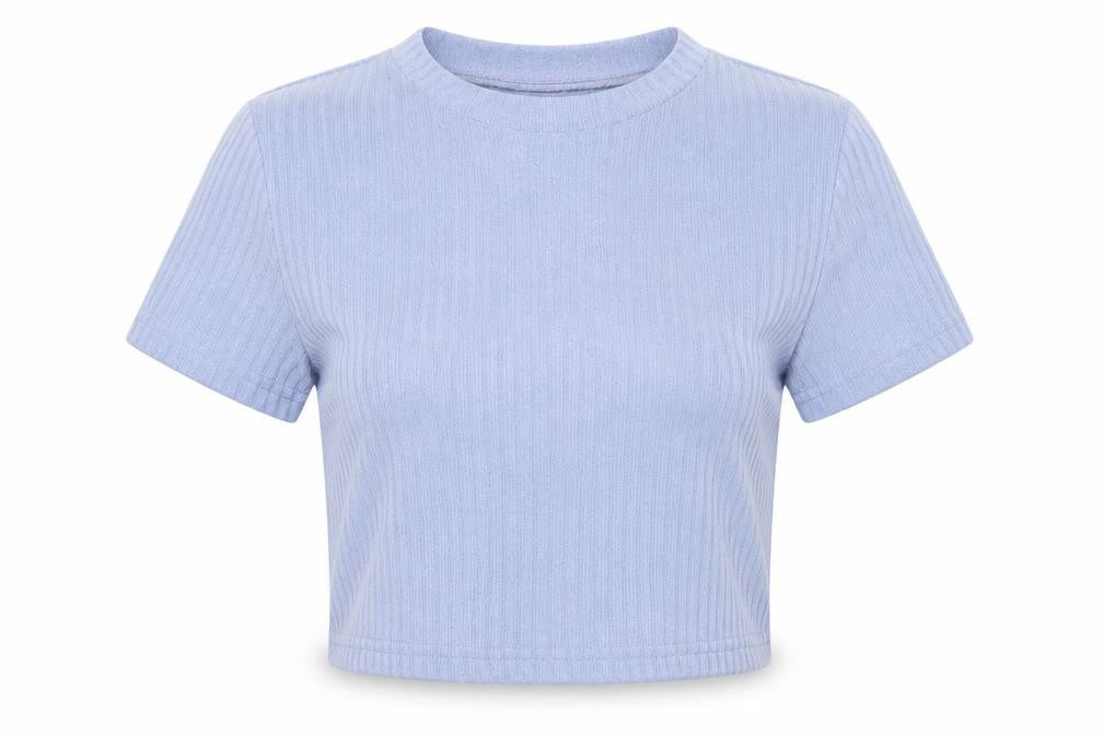 Front view of SHEIN women’s blue jersey basic t-shirt, size XS