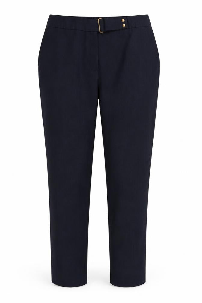 Front view of Marks & Spencer women’s blue trousers, size UK 14, 28-inch leg
