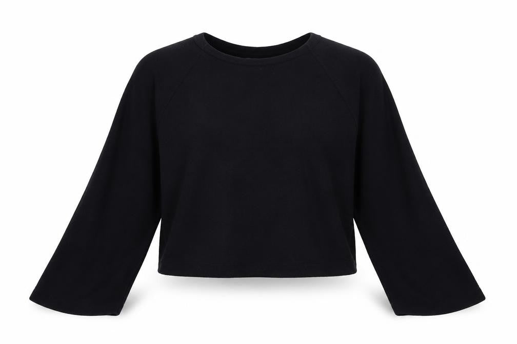 Front view of Marks & Spencer women’s black basic blouse, size UK 6, - bell sleeve