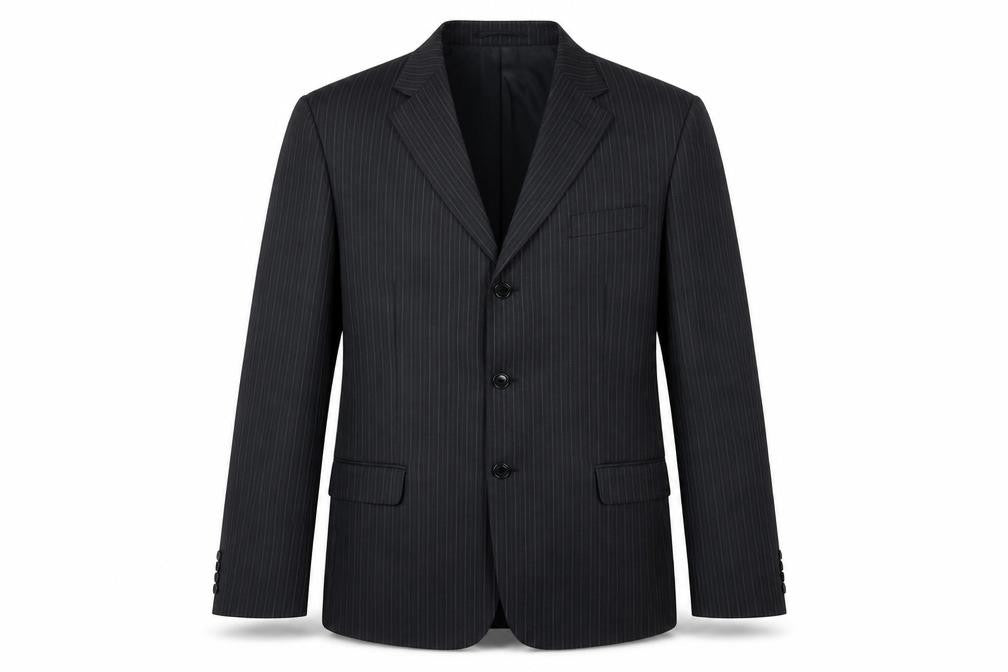 Front view of Preworn men’s black striped jacket suit jacket, size 44