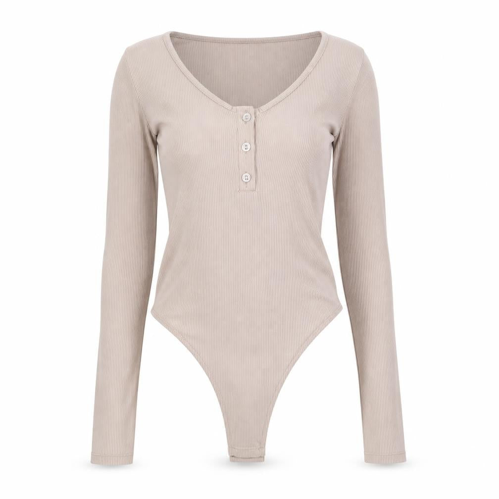 Front view of PRETTYLITTLETHING women’s beige bodysuit one-piece, size UK 6