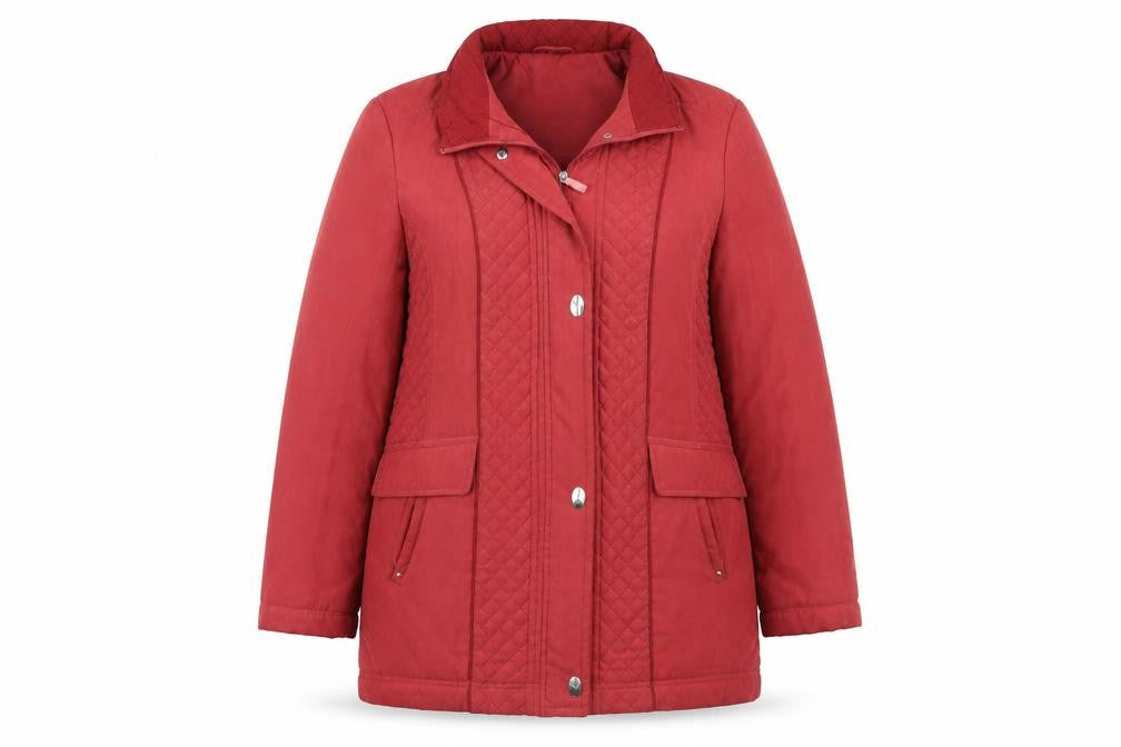 Front view of Preworn women’s red overcoat coat, size M