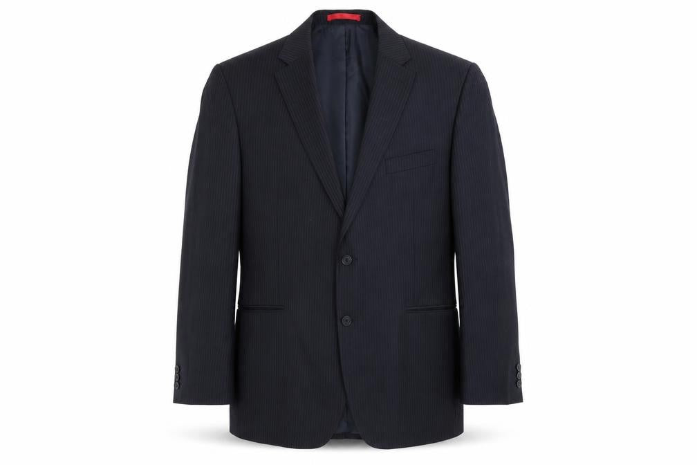 Front view of Burton men’s black striped jacket suit jacket, size 46