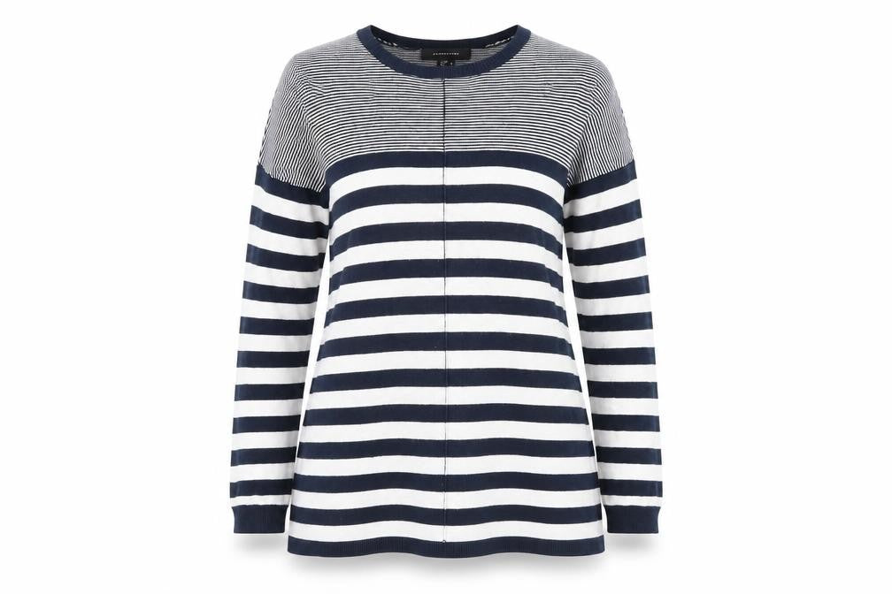 Front view of Primark women’s blue striped knit jumper, size UK 8