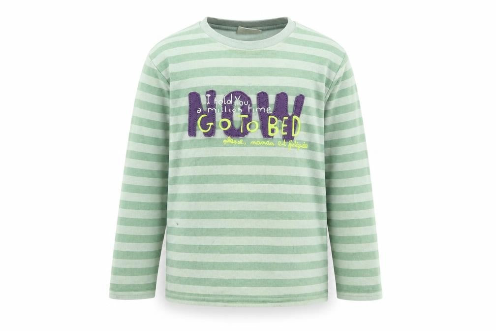Front view of DP boys’ green striped basic t-shirt, size 8, years