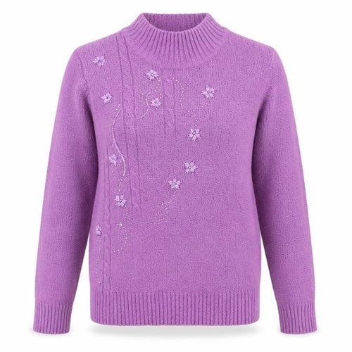 EWM Womens Purple  Knit Pullover Jumper Size S  - Floral embroidery