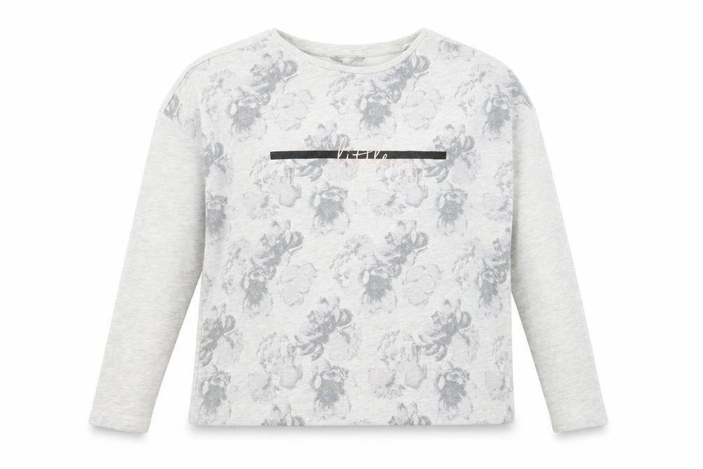 Front view of Peacocks women’s grey floral pullover sweatshirt, size UK 16