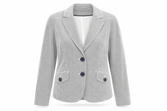 Front view of New Look women’s blue striped jacket blazer, size UK 12