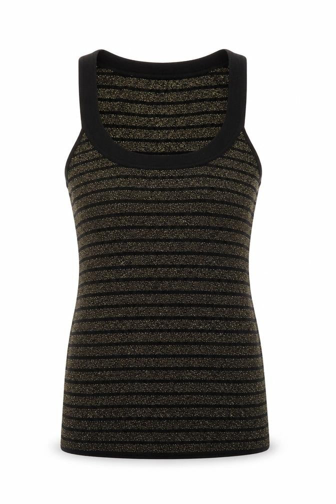 Front view of Oasis women’s black striped basic tank, size UK 14