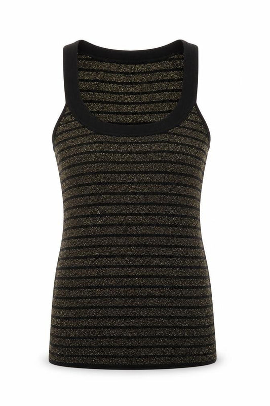Front view of Oasis women’s black striped basic tank, size UK 14
