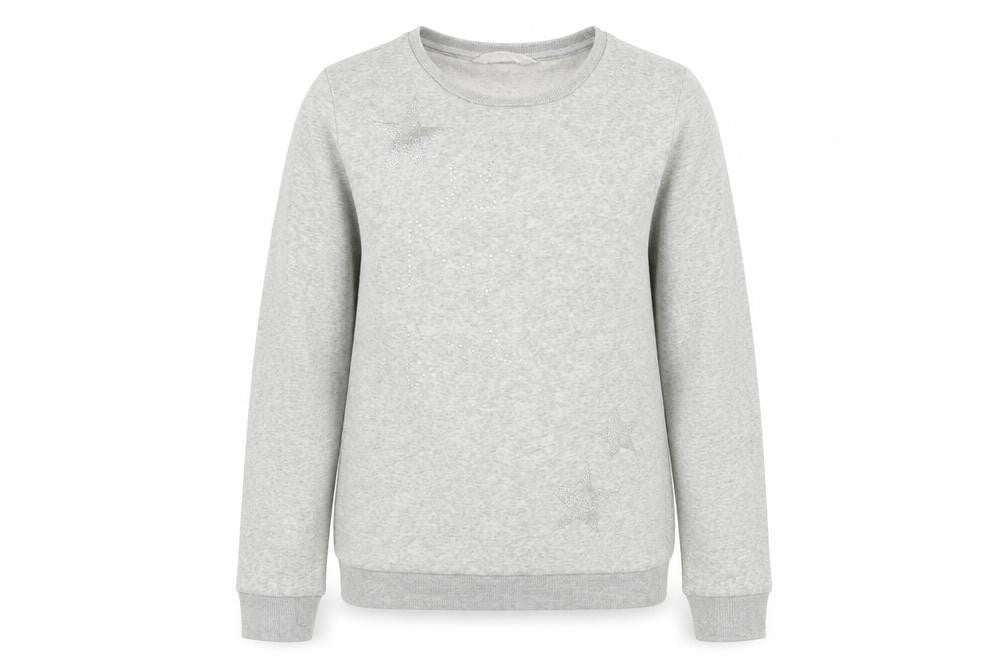 Front view of H&M girls’ grey jumper, size 10-11, years - glitter star pattern