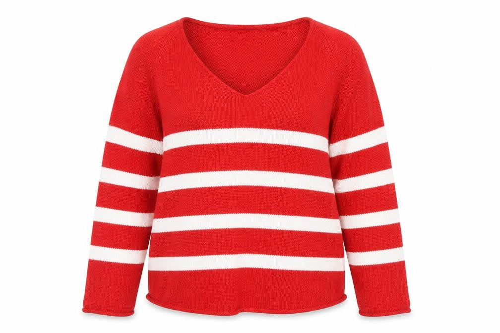 Front view of Real Clothing women’s purple striped jumper, size M
