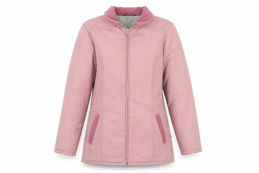 Front view of Tiklas women’s orange puffer jacket coat, size UK 42