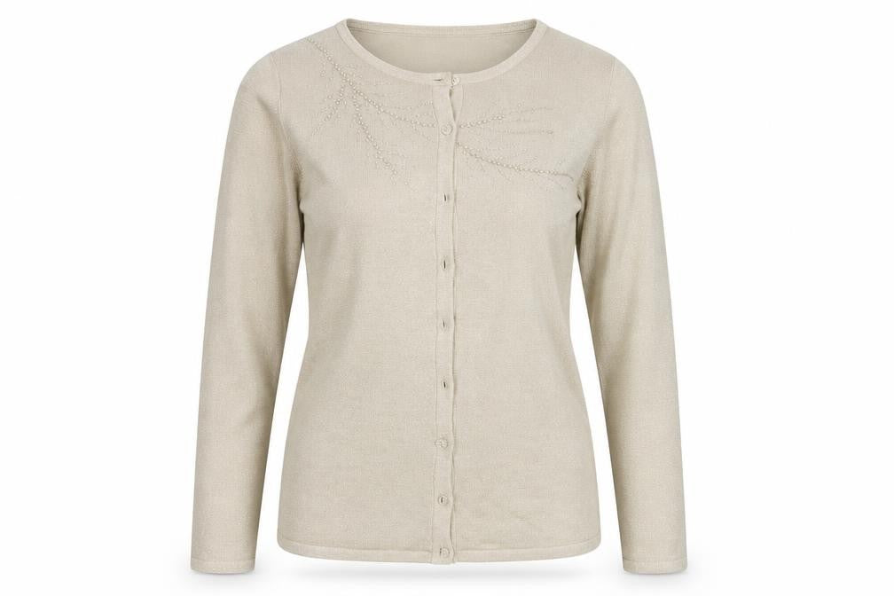 Front view of Bonmarché women’s beige cardigan jumper, size M