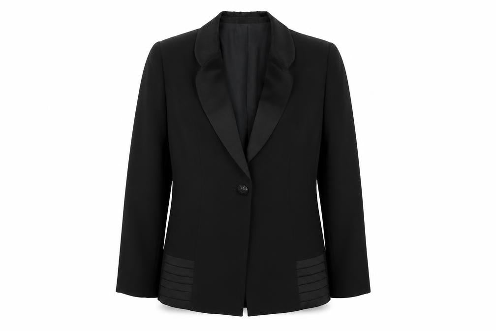 Front view of KALFE SA women’s black jacket suit jacket, size UK 14