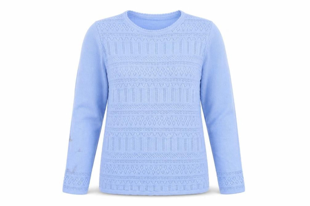 Front view of EWM women’s blue jumper, size M