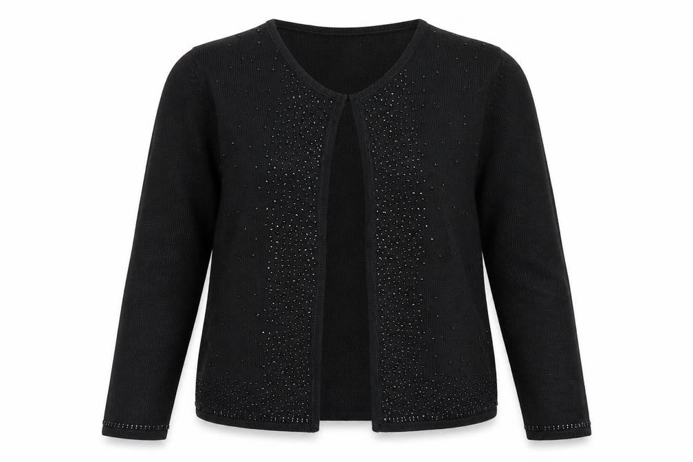 Front view of Preworn women’s black cardigan jumper, size UK 12