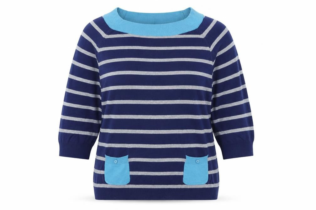 Front view of M&Co women’s blue striped jumper, size UK 16